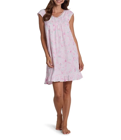 Miss Elaine Silky Knit Watercolor Stems Short Sleeve V-Neck Jersey Short Nightgown