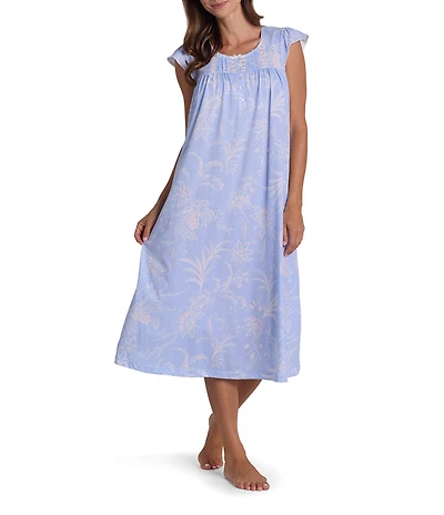 Miss Elaine Silky Knit Wildflower Print Cap Sleeve Round Neck Long Nightgown