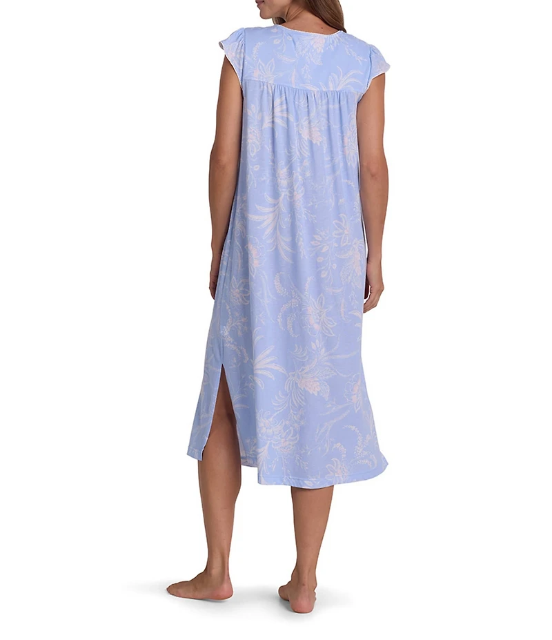 Miss Elaine Silky Knit Wildflower Print Cap Sleeve Round Neck Long Nightgown
