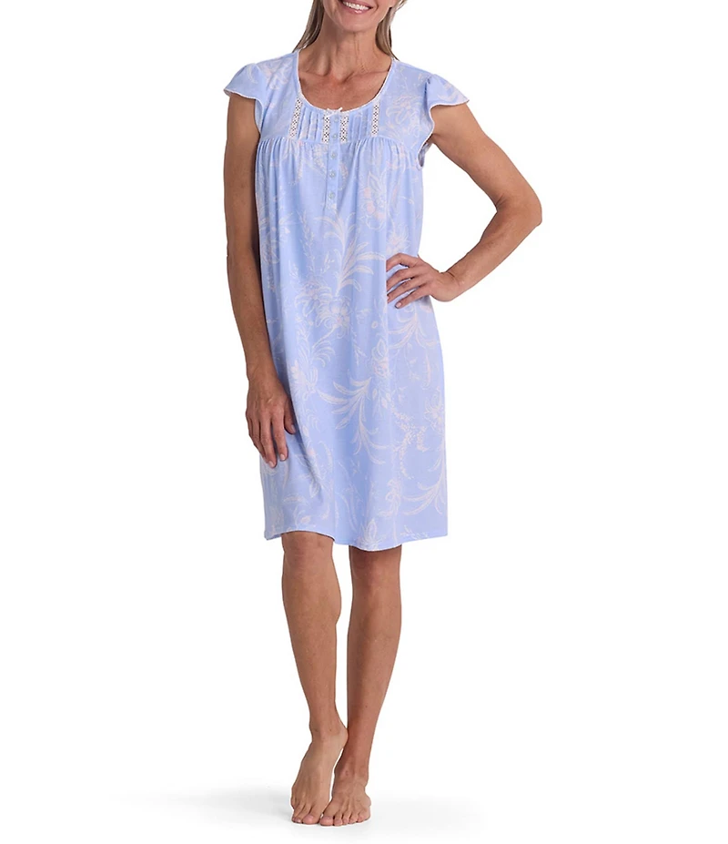 Miss Elaine Silky Knit Wildflower Print Short Sleeve Round Neck Short Nightgown