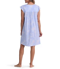 Miss Elaine Silky Knit Wildflower Print Short Sleeve Round Neck Short Nightgown