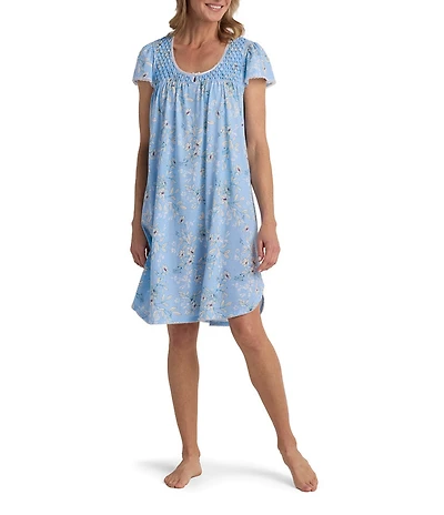 Miss Elaine Silkyknit Floral Print Short Sleeve Round Neck Short Nightgown