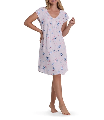 Miss Elaine Silkyknit Floral Print Short Sleeve V-Neck Short Nightgown