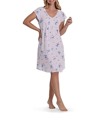 Miss Elaine Silkyknit Floral Print Short Sleeve V-Neck Short Nightgown