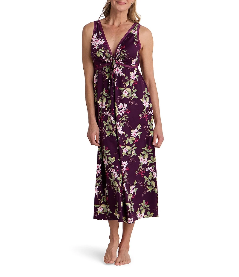 Miss Elaine Sofi Knit Wildflower Print Sleeveless V-Neck Long Nightgown