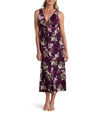 Miss Elaine Sofi Knit Wildflower Print Sleeveless V-Neck Long Nightgown