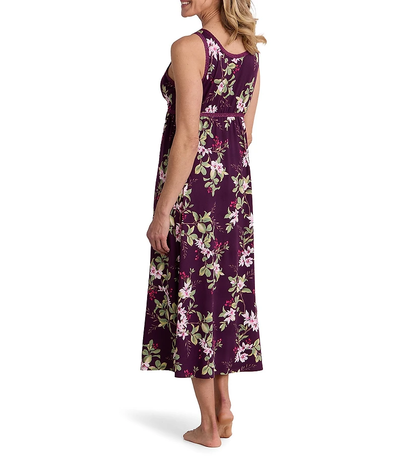 Miss Elaine Sofi Knit Wildflower Print Sleeveless V-Neck Long Nightgown