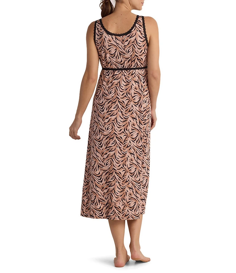 Miss Elaine Sofiknit Tiger Print V-Neck Sleeveless Keyhole Long Knit Nightgown
