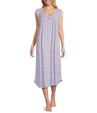 Miss Elaine Soft Interlock Knit Lavender Petal Print Cap Sleeve Round Neck Long Nightgown