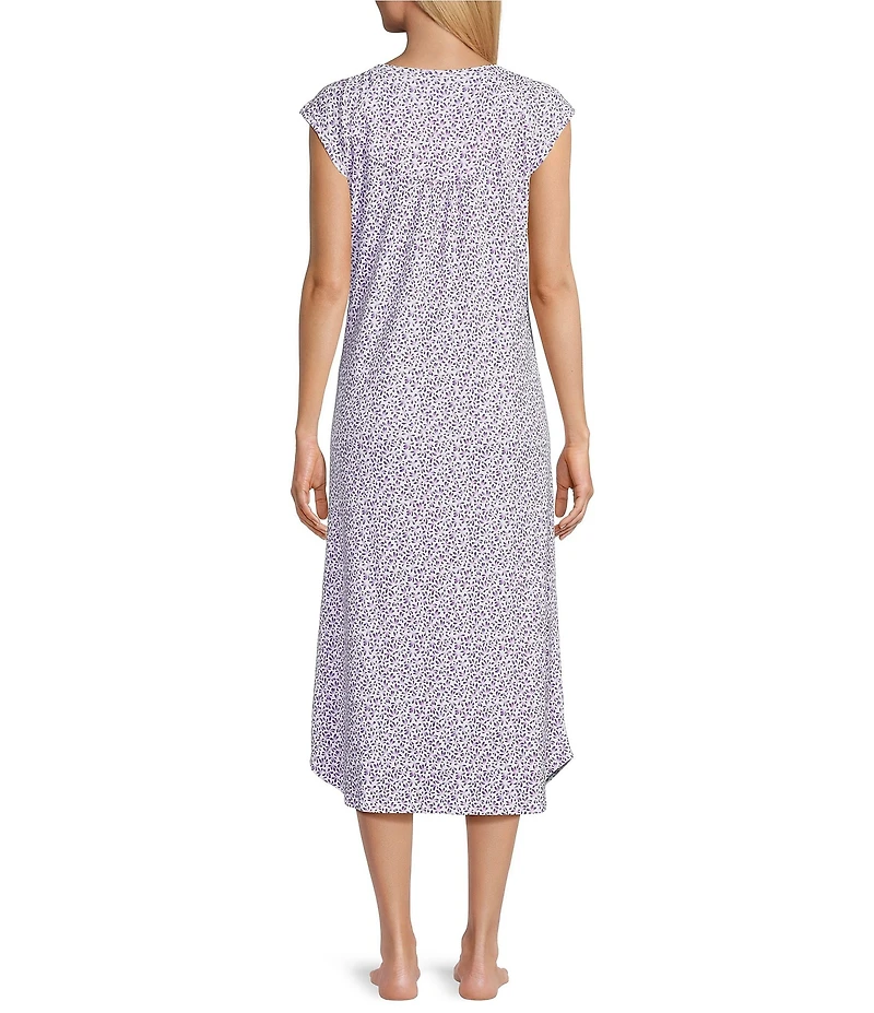 Miss Elaine Soft Interlock Knit Lavender Petal Print Cap Sleeve Round Neck Long Nightgown