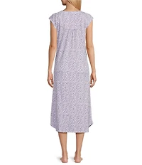 Miss Elaine Soft Interlock Knit Lavender Petal Print Cap Sleeve Round Neck Long Nightgown