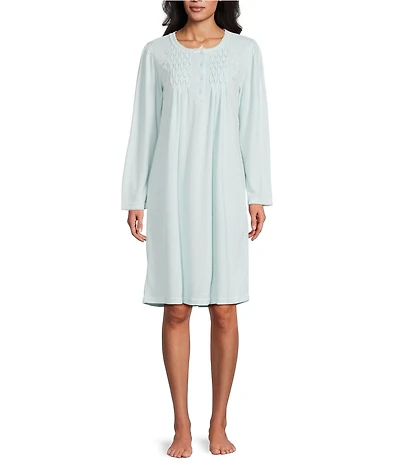 Miss Elaine Solid Brushed Honeycomb Knit Long Sleeve Round Neck Short Nightgown