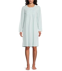 Miss Elaine Solid Brushed Honeycomb Knit Long Sleeve Round Neck Short Nightgown