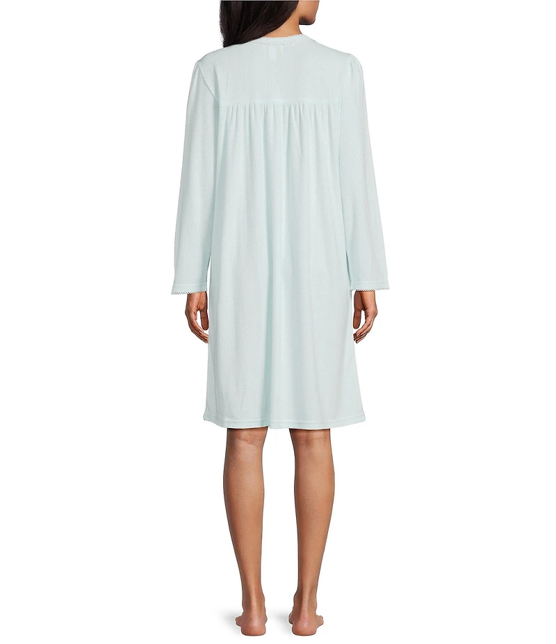 Miss Elaine Solid Brushed Honeycomb Knit Long Sleeve Round Neck Short Nightgown