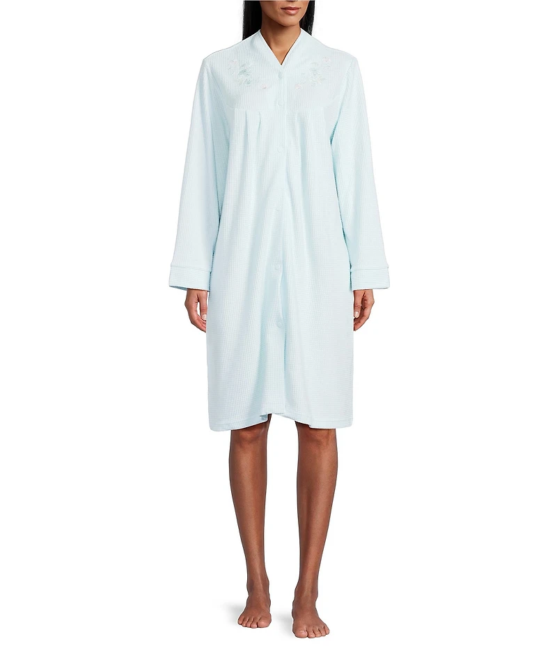 Miss Elaine Solid Brushed Waffle Long Sleeve V-Neck Short Snap-Front Robe