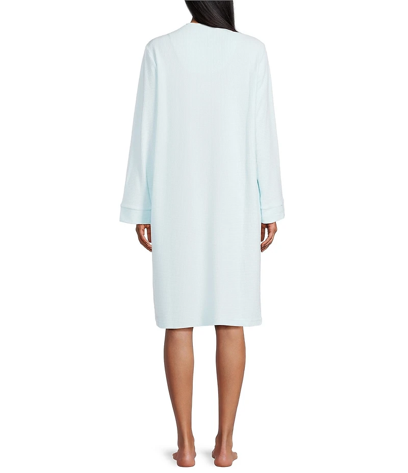 Miss Elaine Solid Brushed Waffle Long Sleeve V-Neck Short Snap-Front Robe