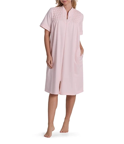 Miss Elaine Solid Short Sleeve French Terry Knit Short Zip Robe