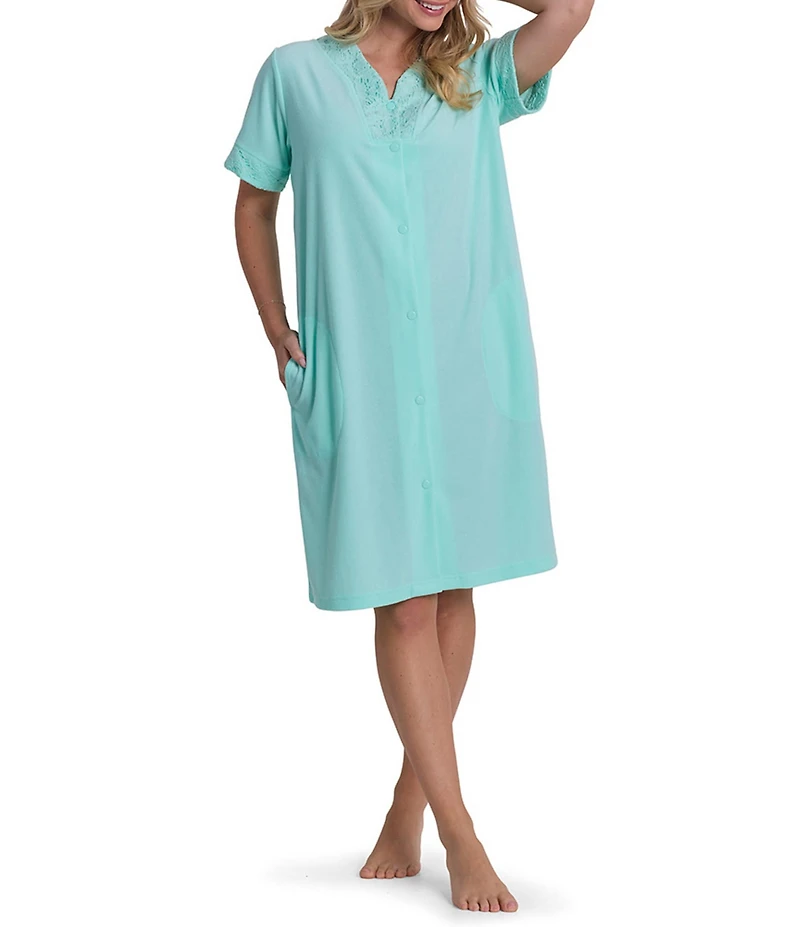 Miss Elaine Solid Terry Knit Short Sleeve V-Neck Short Snap Robe