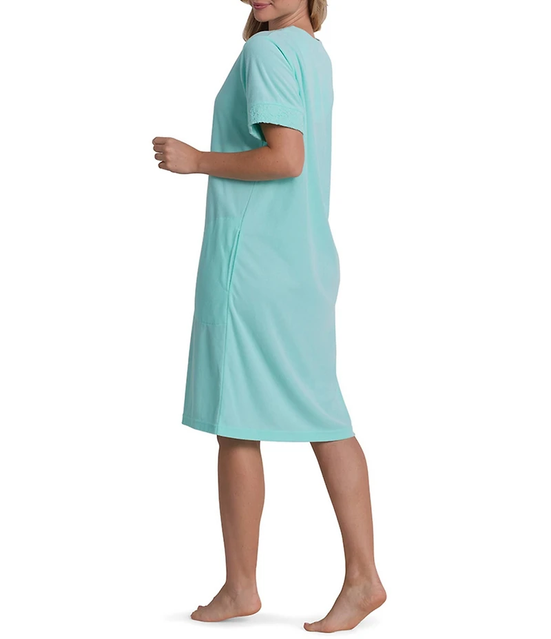 Miss Elaine Solid Terry Knit Short Sleeve V-Neck Short Snap Robe