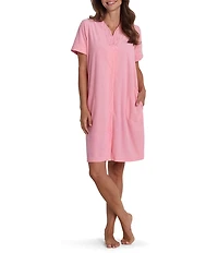Miss Elaine Solid Terry Knit Short Sleeve V-Neck Short Snap Robe