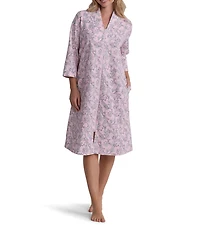 Miss Elaine Springtime Floral Print 3/4 Sleeve V Neck French Terry Knit Short Zip Robe