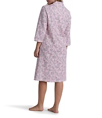 Miss Elaine Springtime Floral Print 3/4 Sleeve V Neck French Terry Knit Short Zip Robe