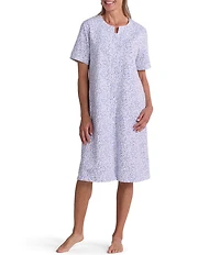Miss Elaine Tiny Stem Print Short Sleeve Round Neck French Terry Knit Short Robe