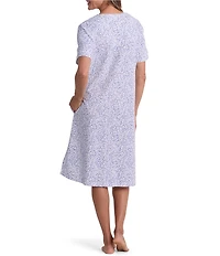 Miss Elaine Tiny Stem Print Short Sleeve Round Neck French Terry Knit Short Robe