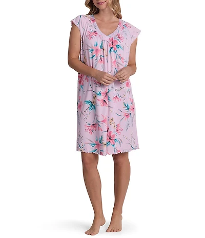 Miss Elaine Tropical Floral Print Cap Sleeve V-Neck Sofi Knit Short Nightgown