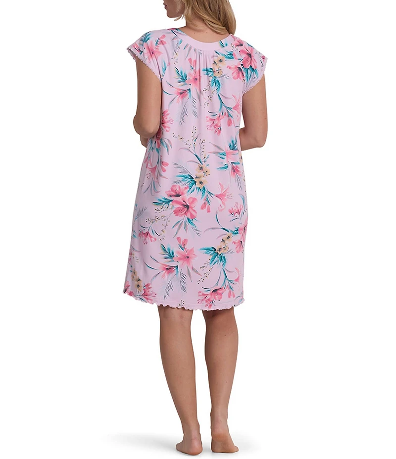 Miss Elaine Tropical Floral Print Cap Sleeve V-Neck Sofi Knit Short Nightgown