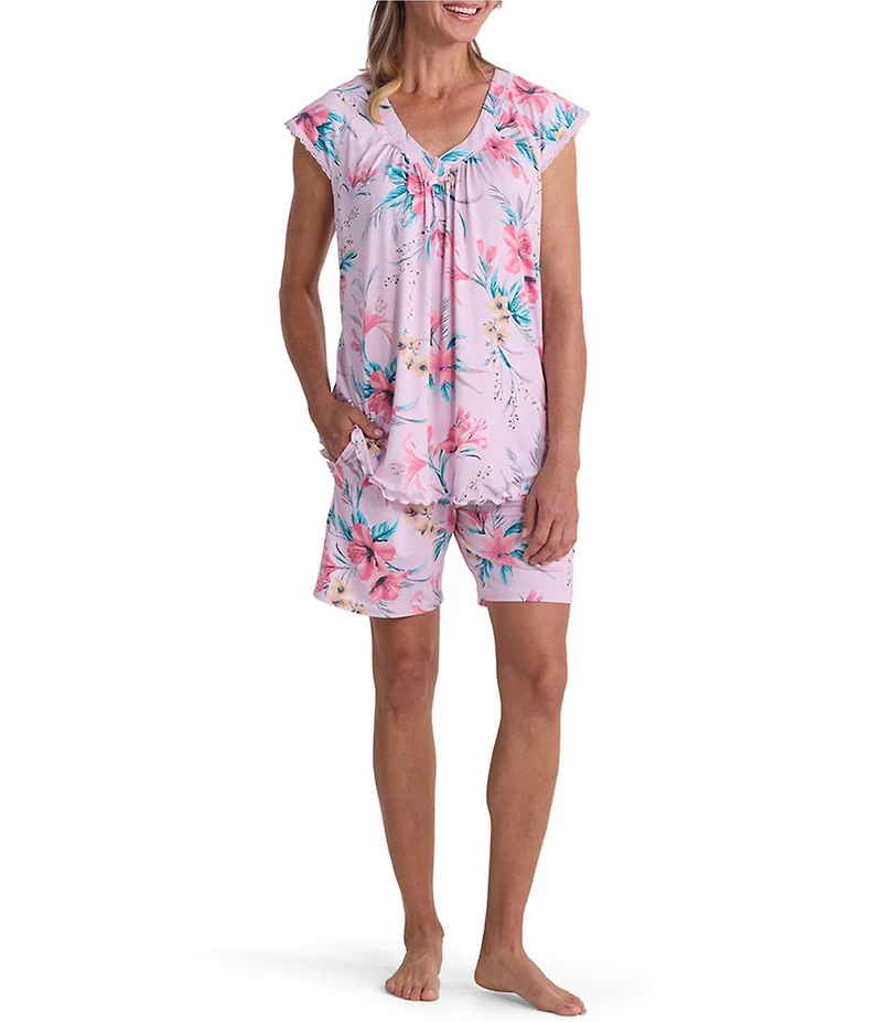 Miss Elaine Tropical Floral Print Short Sleeve V-Neck Sofi Knit Short Pajama Set