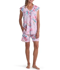 Miss Elaine Tropical Floral Print Short Sleeve V-Neck Sofi Knit Short Pajama Set