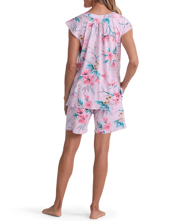 Miss Elaine Tropical Floral Print Short Sleeve V-Neck Sofi Knit Short Pajama Set