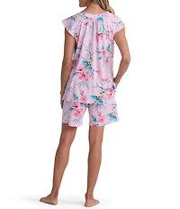 Miss Elaine Tropical Floral Print Short Sleeve V-Neck Sofi Knit Short Pajama Set