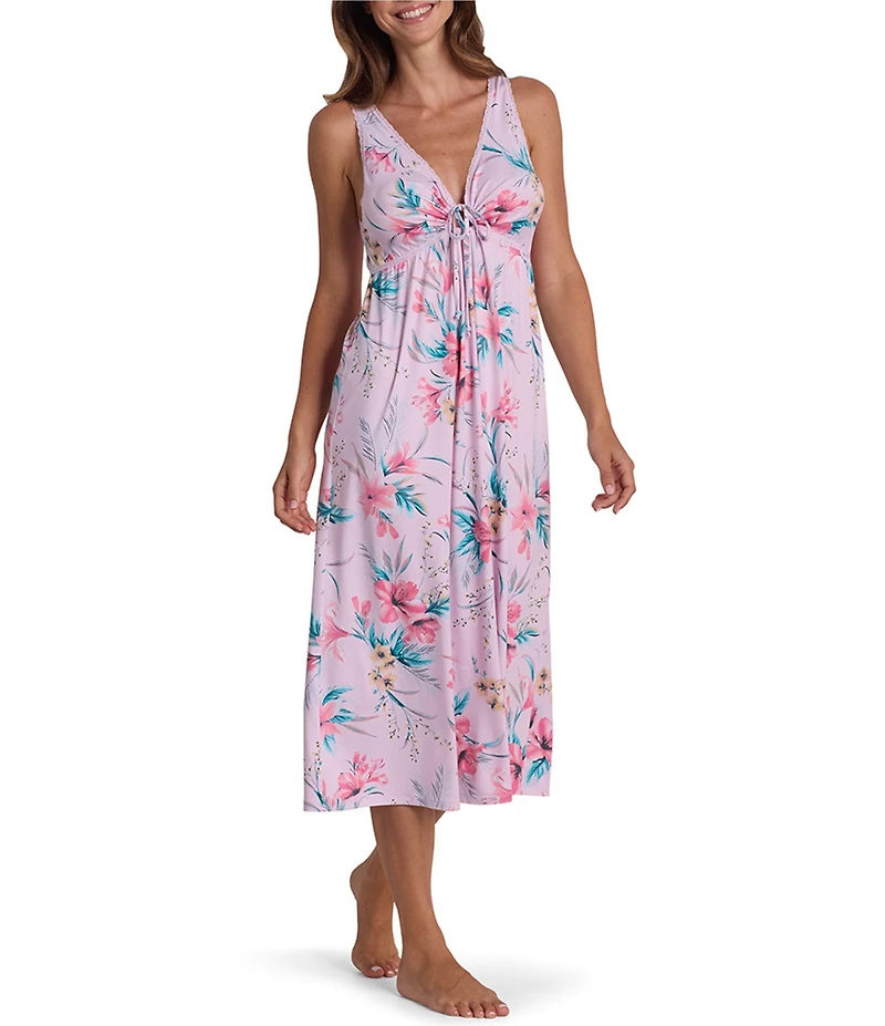 Miss Elaine Tropical Floral Print Sleeveless Keyhole Neck Sofi Knit Long Nightgown