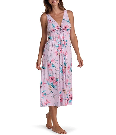 Miss Elaine Tropical Floral Print Sleeveless Keyhole Neck Sofi Knit Long Nightgown