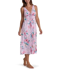 Miss Elaine Tropical Floral Print Sleeveless Keyhole Neck Sofi Knit Long Nightgown