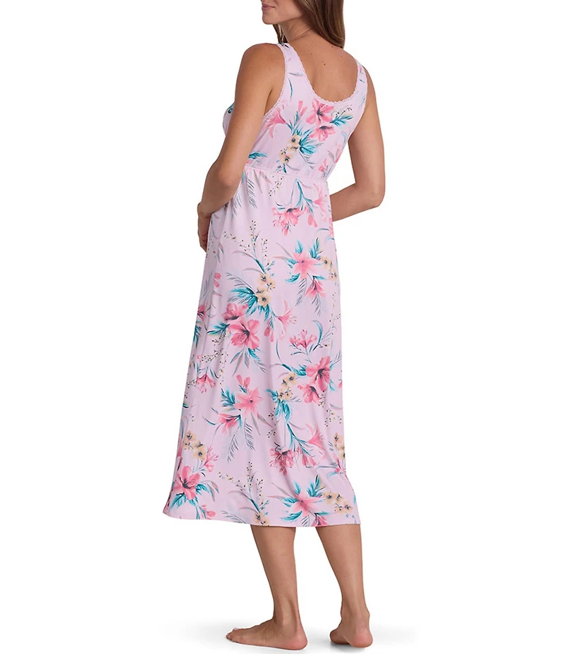 Miss Elaine Tropical Floral Print Sleeveless Keyhole Neck Sofi Knit Long Nightgown