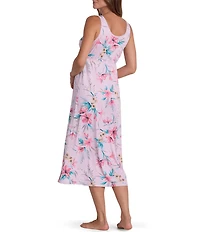 Miss Elaine Tropical Floral Print Sleeveless Keyhole Neck Sofi Knit Long Nightgown