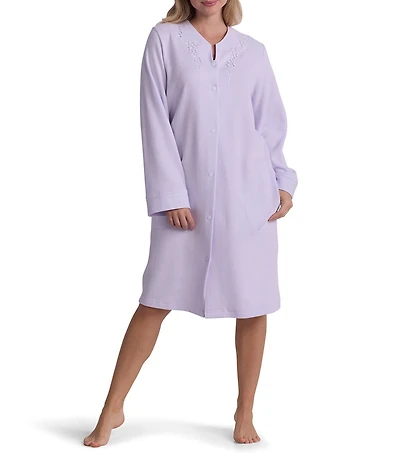 Miss Elaine Waffle Knit Solid Long Sleeve Round Neck Short Snap Robe