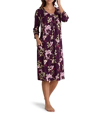Miss Elaine Wildflower Print Long Sleeve Round Neck Knit Long Nightgown