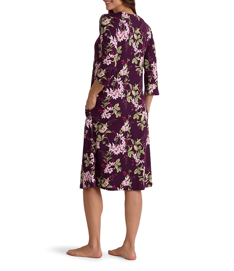 Miss Elaine Wildflower Print Long Sleeve Round Neck Knit Long Nightgown