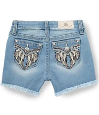 Miss Me Big Girls Embellished Wing Pocket Frayed Hem Denim Shorts