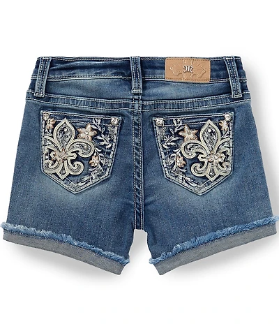 Miss Me Big Girls Fleur De Lis Embellished Pocket Rolled Hem Denim Shorts