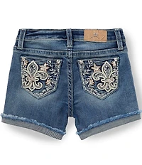 Miss Me Big Girls Fleur De Lis Embellished Pocket Rolled Hem Denim Shorts
