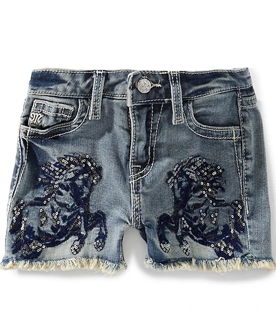 Miss Me Big Girls Sequin Horse Frayed Hem Denim Shorts