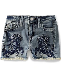 Miss Me Big Girls Sequin Horse Frayed Hem Denim Shorts