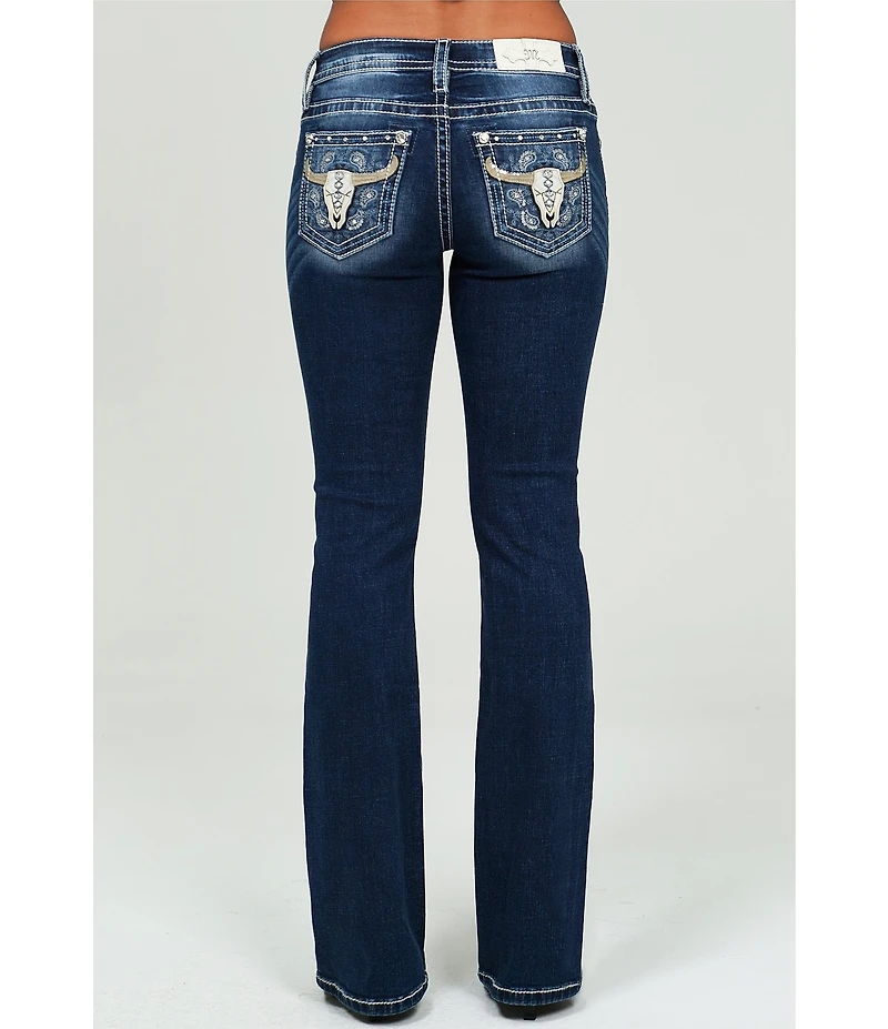 Miss Me Embellished Bull Head Pocketed Mid Rise Bootcut Jeans