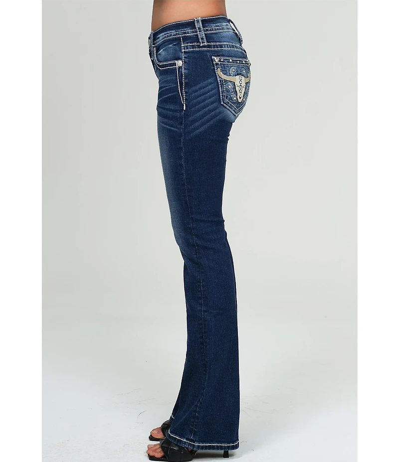 Miss Me Embellished Bull Head Pocketed Mid Rise Bootcut Jeans