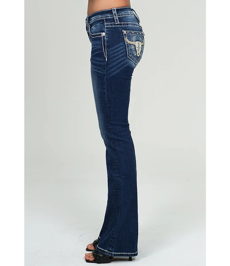 Miss Me Embellished Bull Head Pocketed Mid Rise Bootcut Jeans